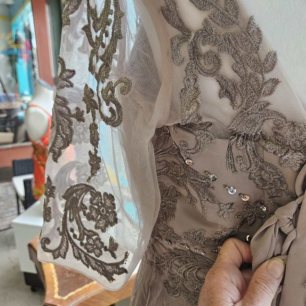 Embellished Taupe Long Sleeve Evening Gown - Picture 7 of 8